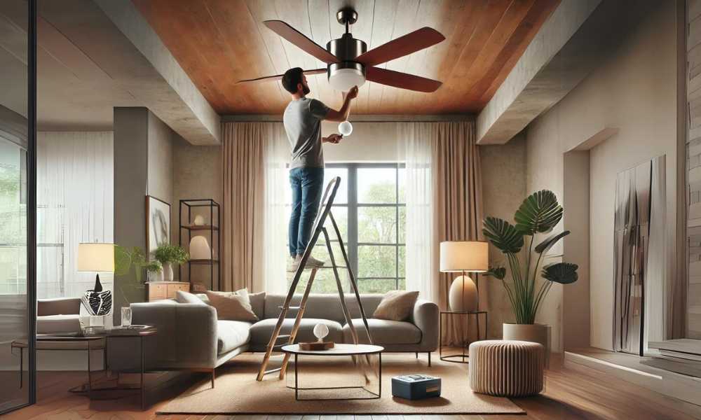 Man installing new ceiling fan light